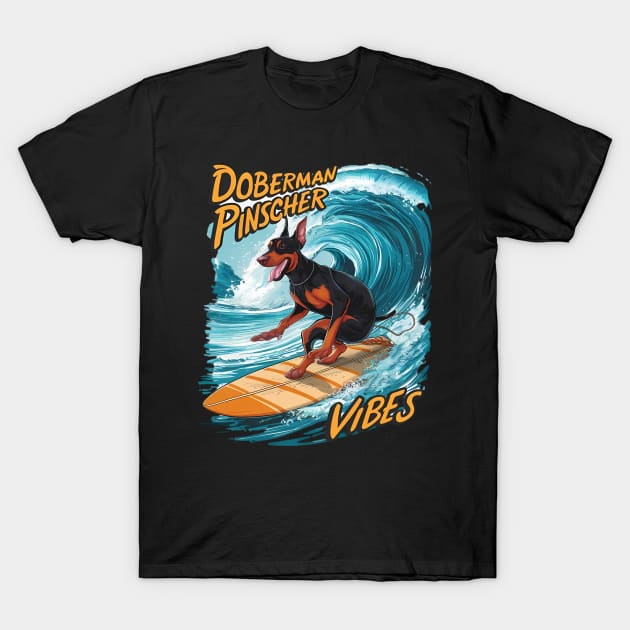 Doberman Pinscher Surfer Riding Tropical Wave T-Shirt by coollooks